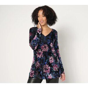 Attitudes by Renee Top Size Large Burnout Long Sleeve Navy Blue Floral Boho NEW